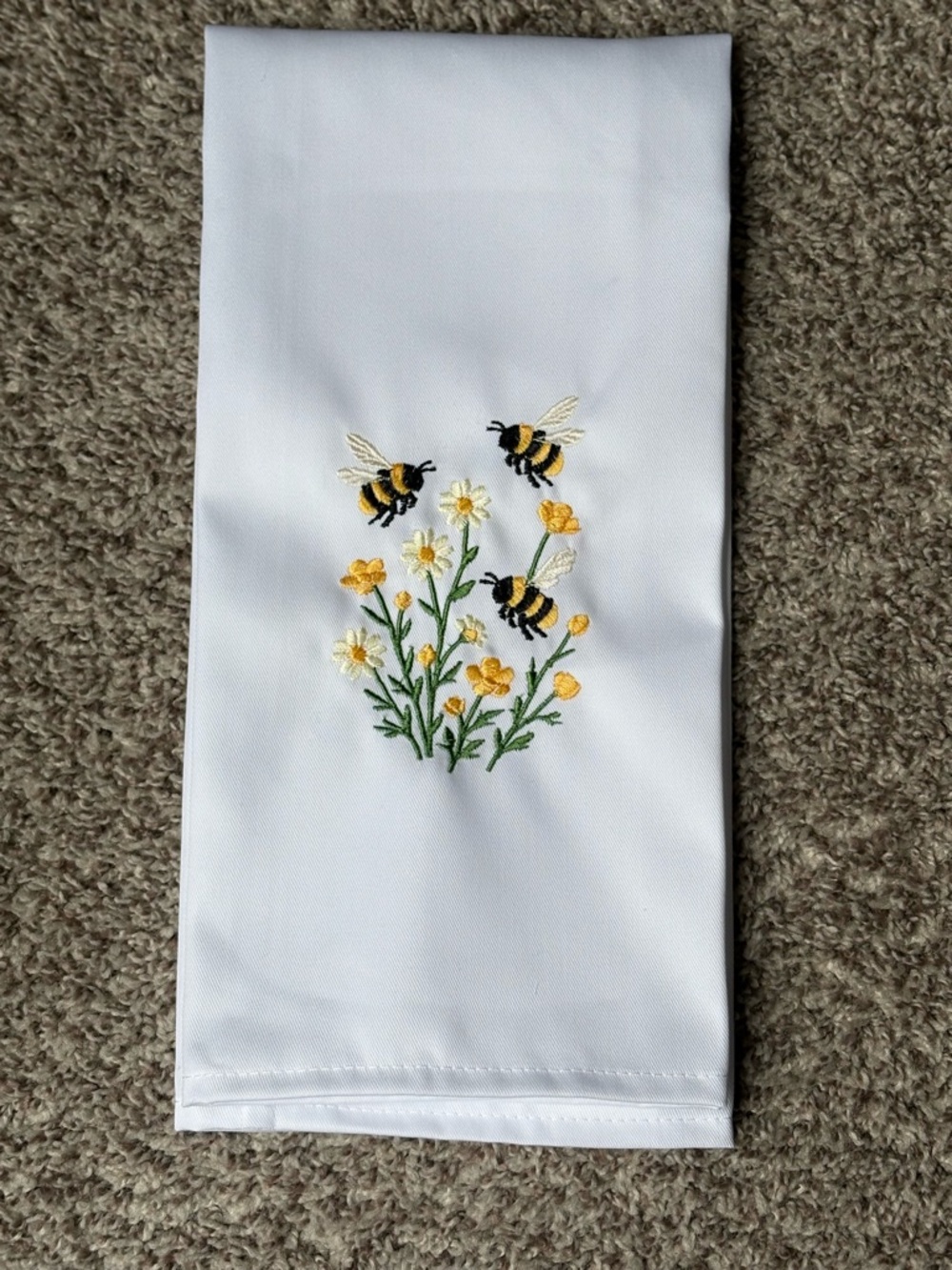Embroidered Bee & Flower Kitchen Towel - White with Yellow Accents